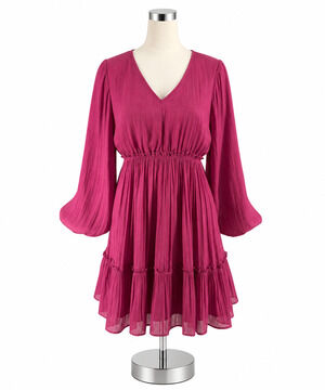 Jodiful Raspberry Pleated Tiered Long Sleeve Mini Dress Size Small